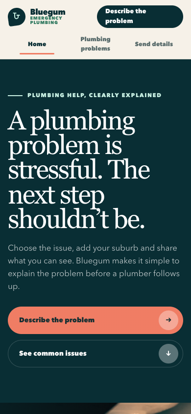 Bluegum Emergency Plumbing mobile homepage with urgent service choices and a thumb-friendly enquiry action.