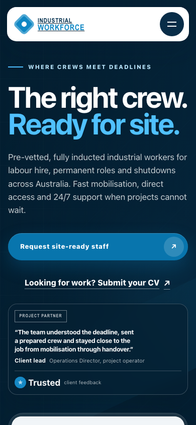 Industrial Workforce mobile homepage with its recruitment headline and responsive navigation.