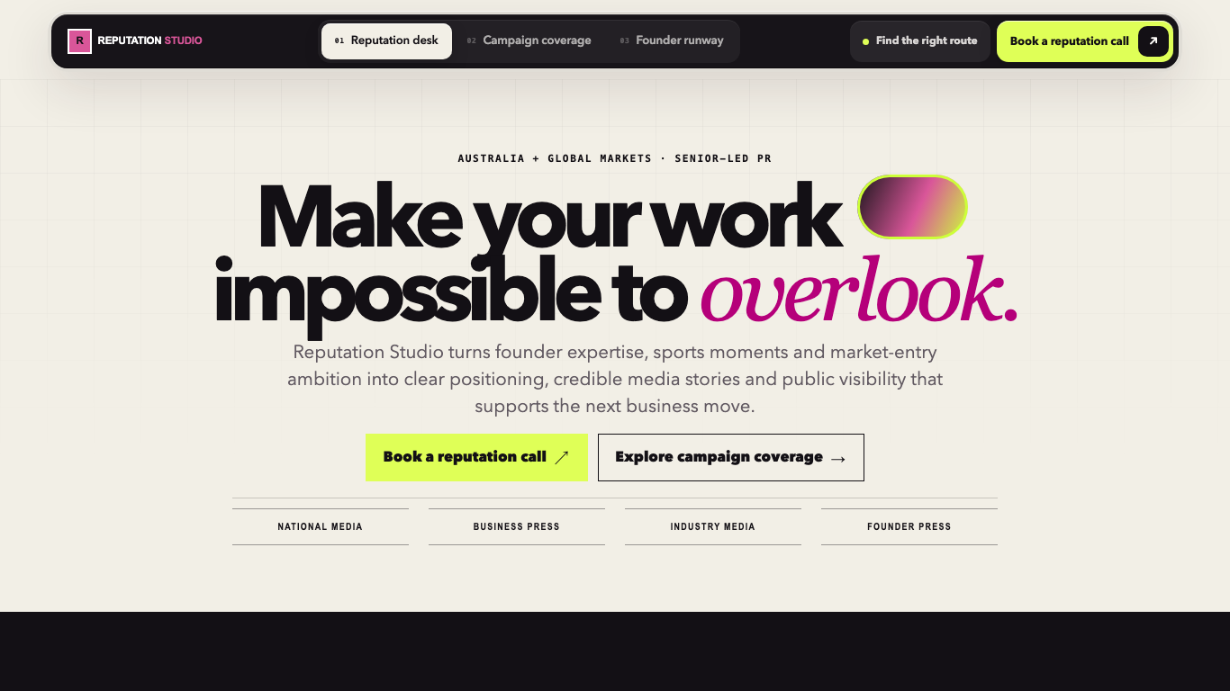 Reputation Studio desktop homepage with editorial typography, campaign imagery and service navigation.