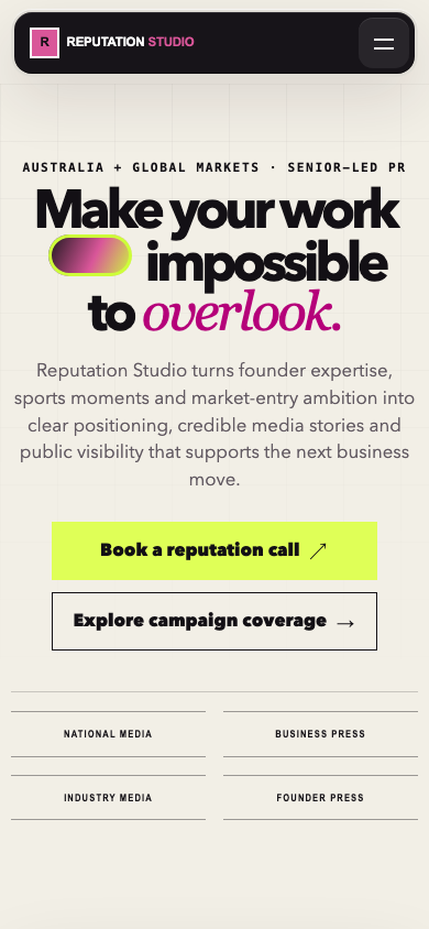 Reputation Studio mobile homepage with bold editorial typography and compact navigation.