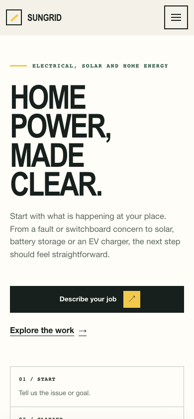 Sungrid Electrical mobile homepage with safety-led service choices and an enquiry action.