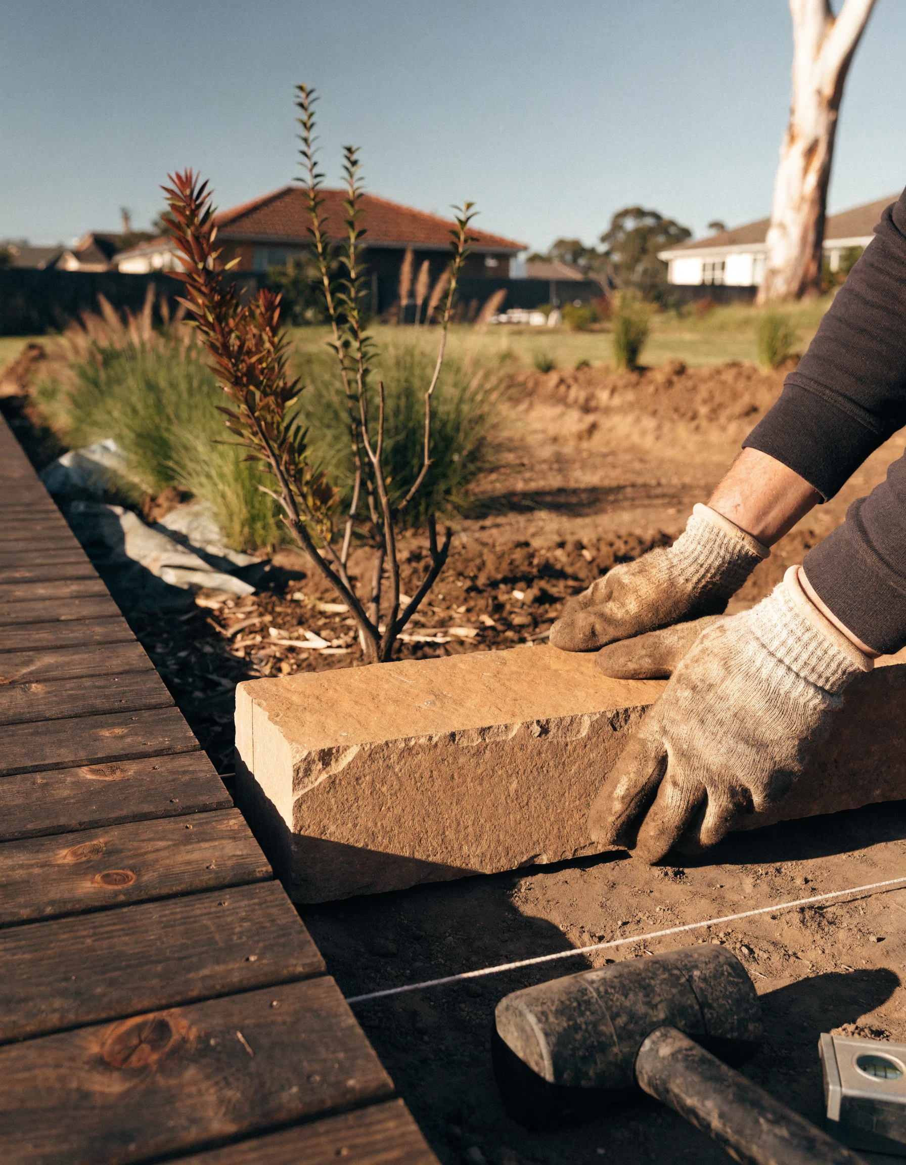 Landscape tradesperson shaping a planted residential garden beside a timber deck